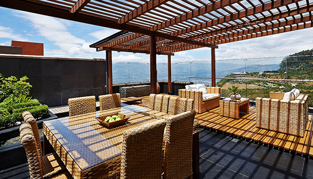 patio pergola looking out at city