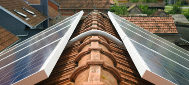 close up of roof with solar panels