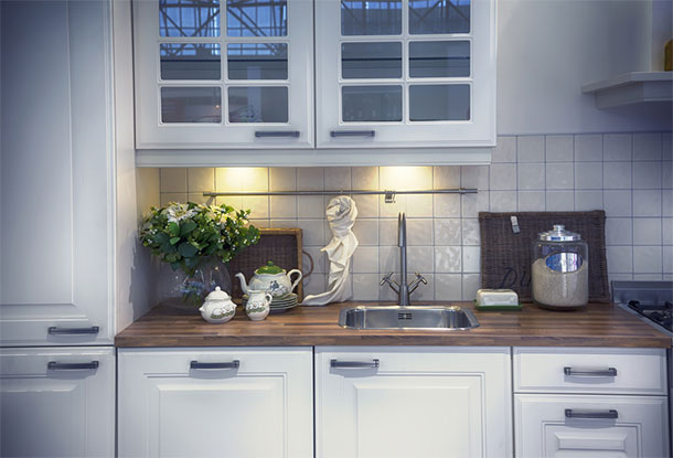 classic kitchen with glass kitchen cabinets