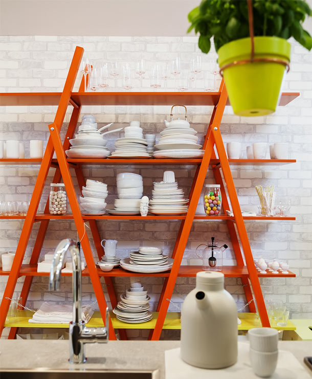 Open kitchen shelving made from an orange ladder