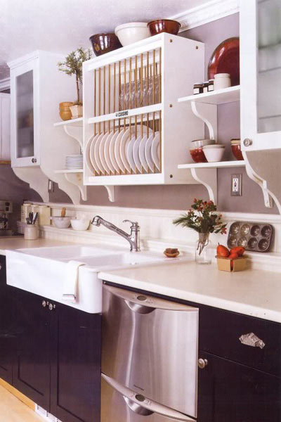 open kitchen with plate organizer