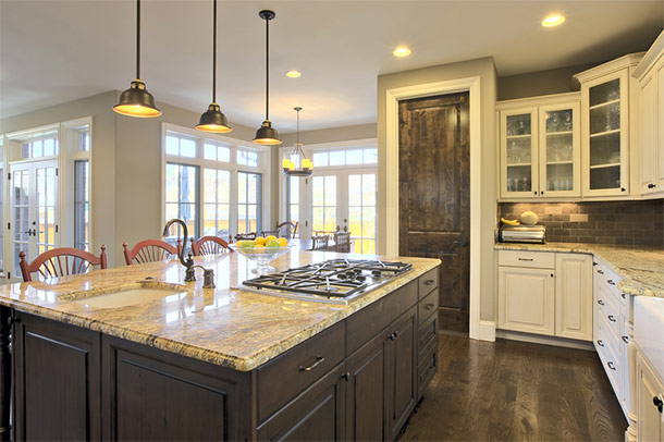 kitchen with reclaimed hardwood floors