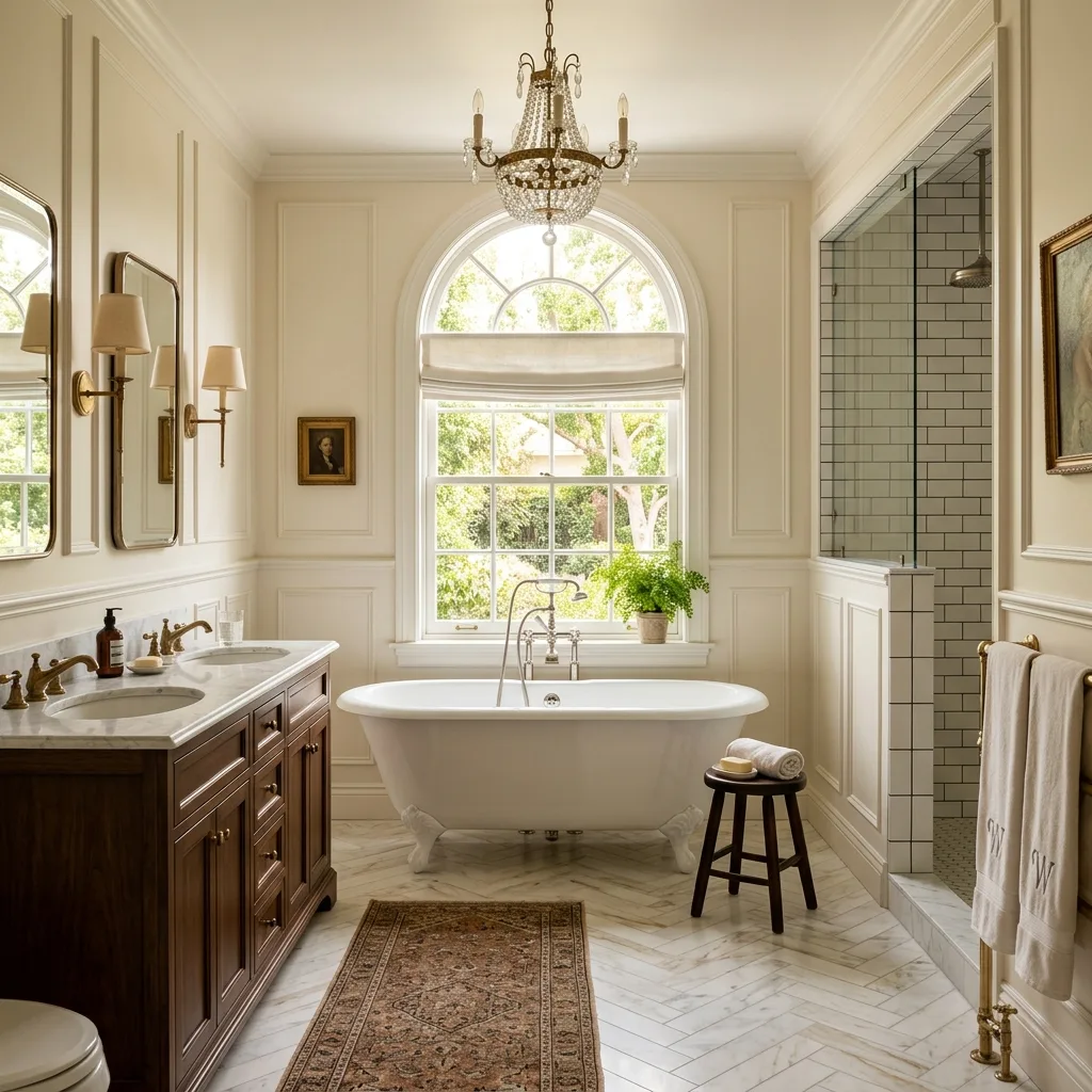 Compact remodeled bathroom with walk-in shower and stone tile